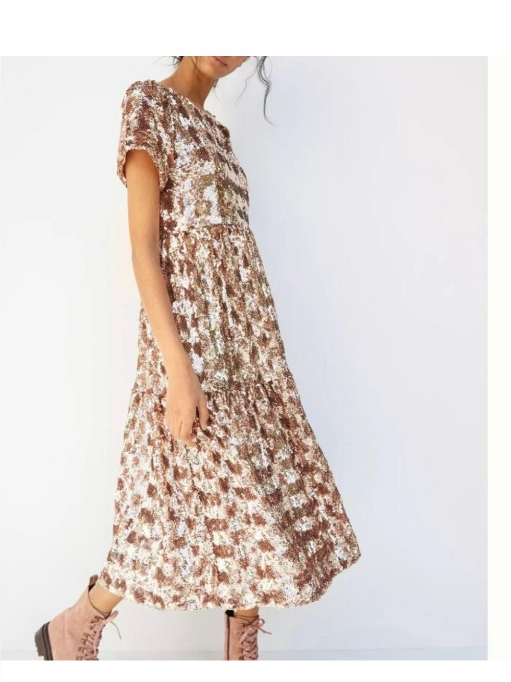 Anthropologie Maeve Brown and Cream Sequin midi dress